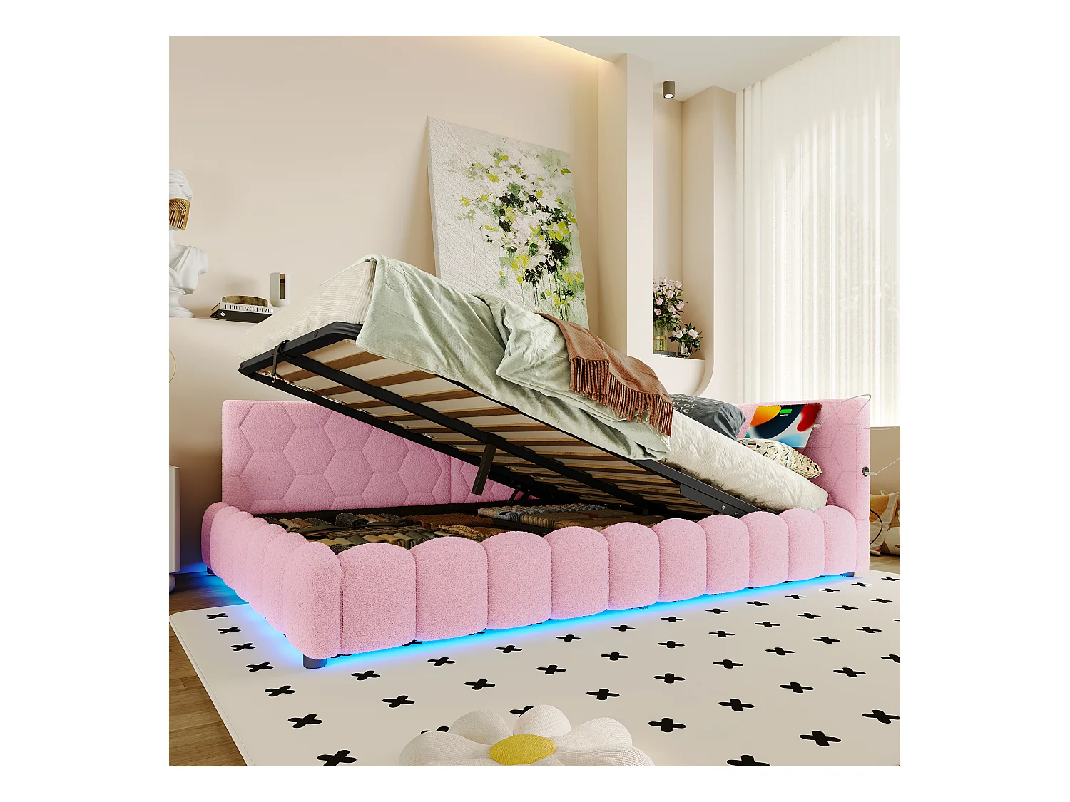 Divano letto per bambini - 140 x 200 cm - con LED + contenitore idraulico + USB - velluto - rosa