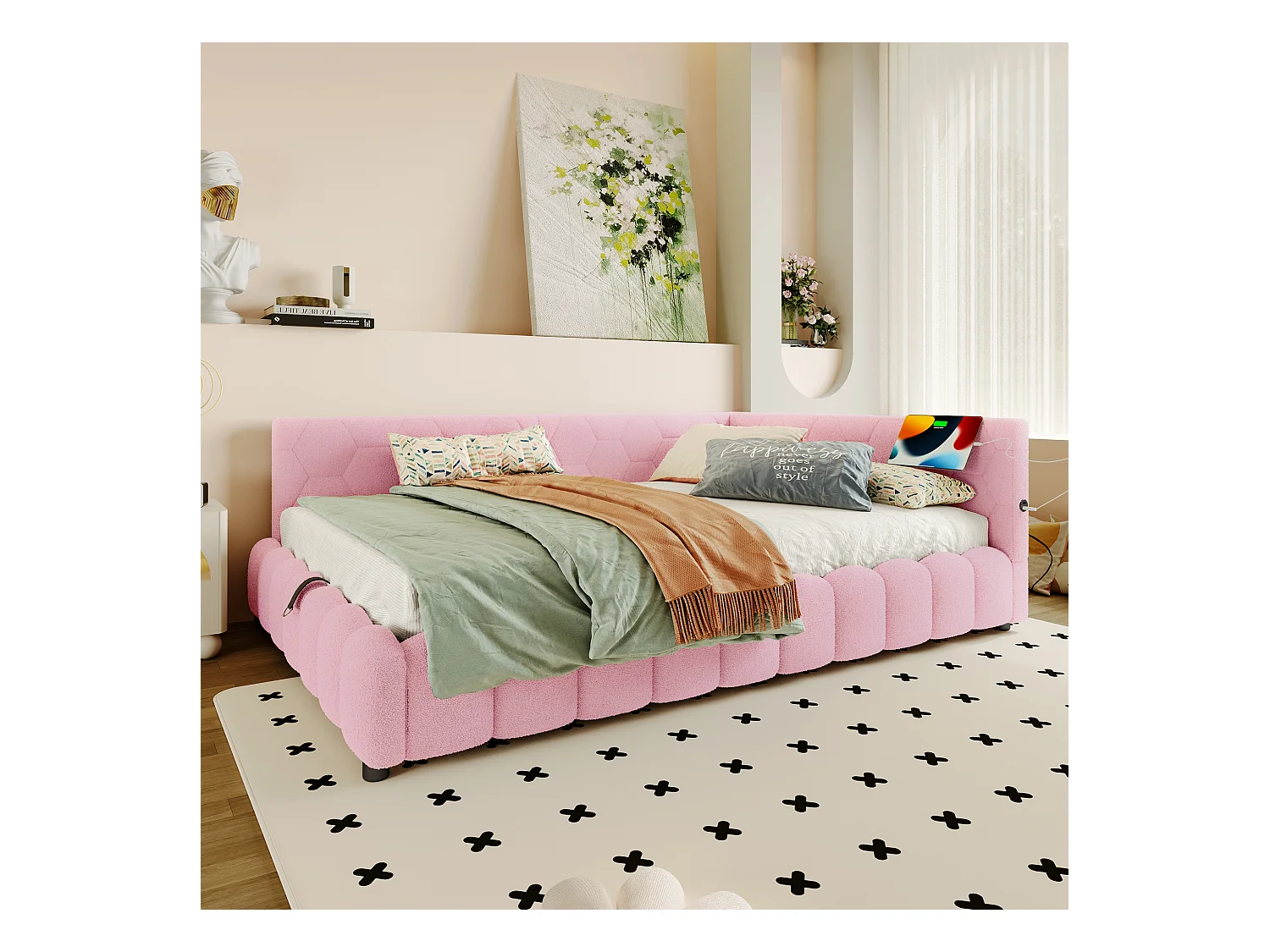 Divano letto per bambini - 140 x 200 cm - con LED + contenitore idraulico + USB - velluto - rosa