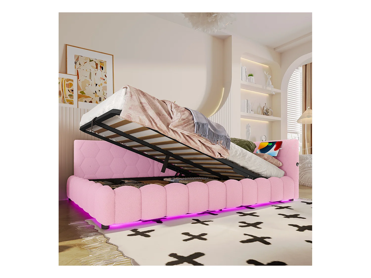 Canapé-lit pour enfant - 140 x 200 cm - avec Leds + rangement hydraulique + USB - velours - rose