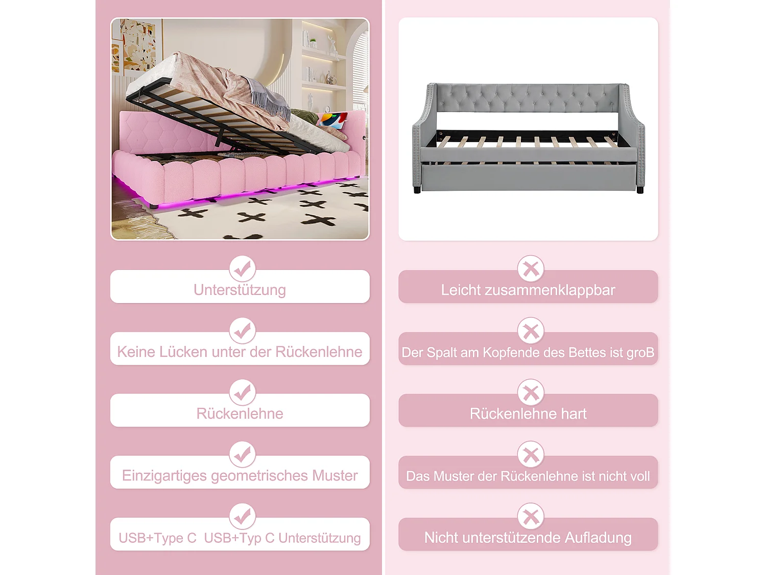 Kinderschlafsofa - 140 x 200 cm - mit LEDs + hydraulischem Stauraum + USB - Samt - rosa