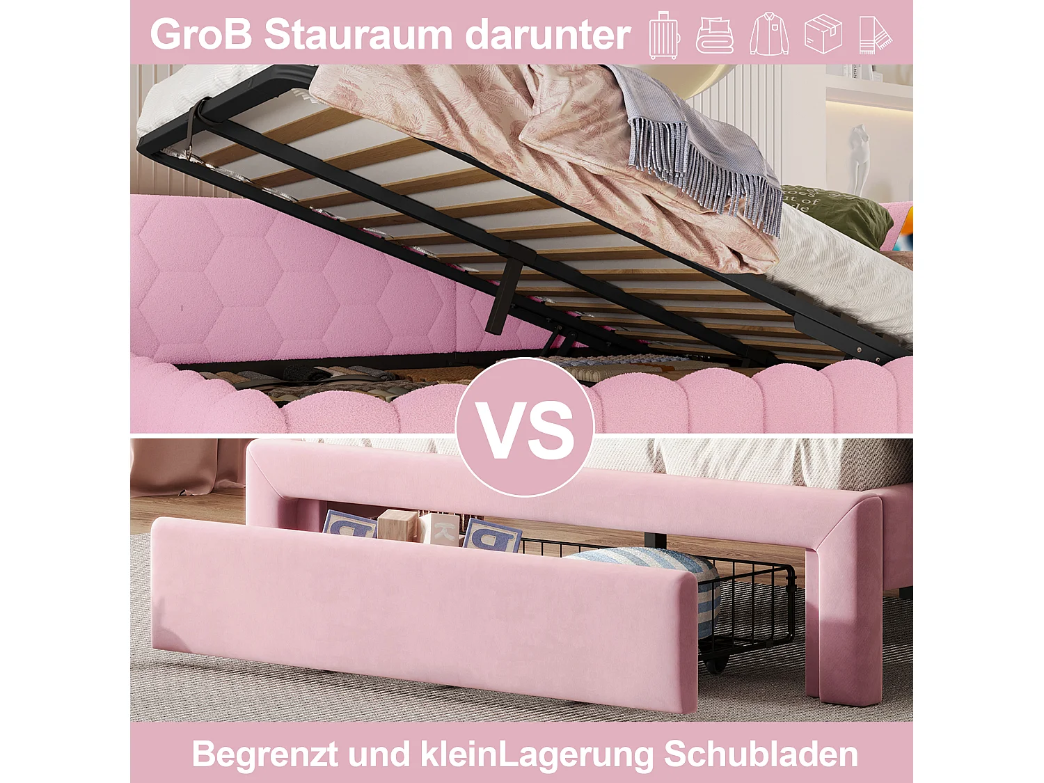 Kinderschlafsofa - 140 x 200 cm - mit LEDs + hydraulischem Stauraum + USB - Samt - rosa