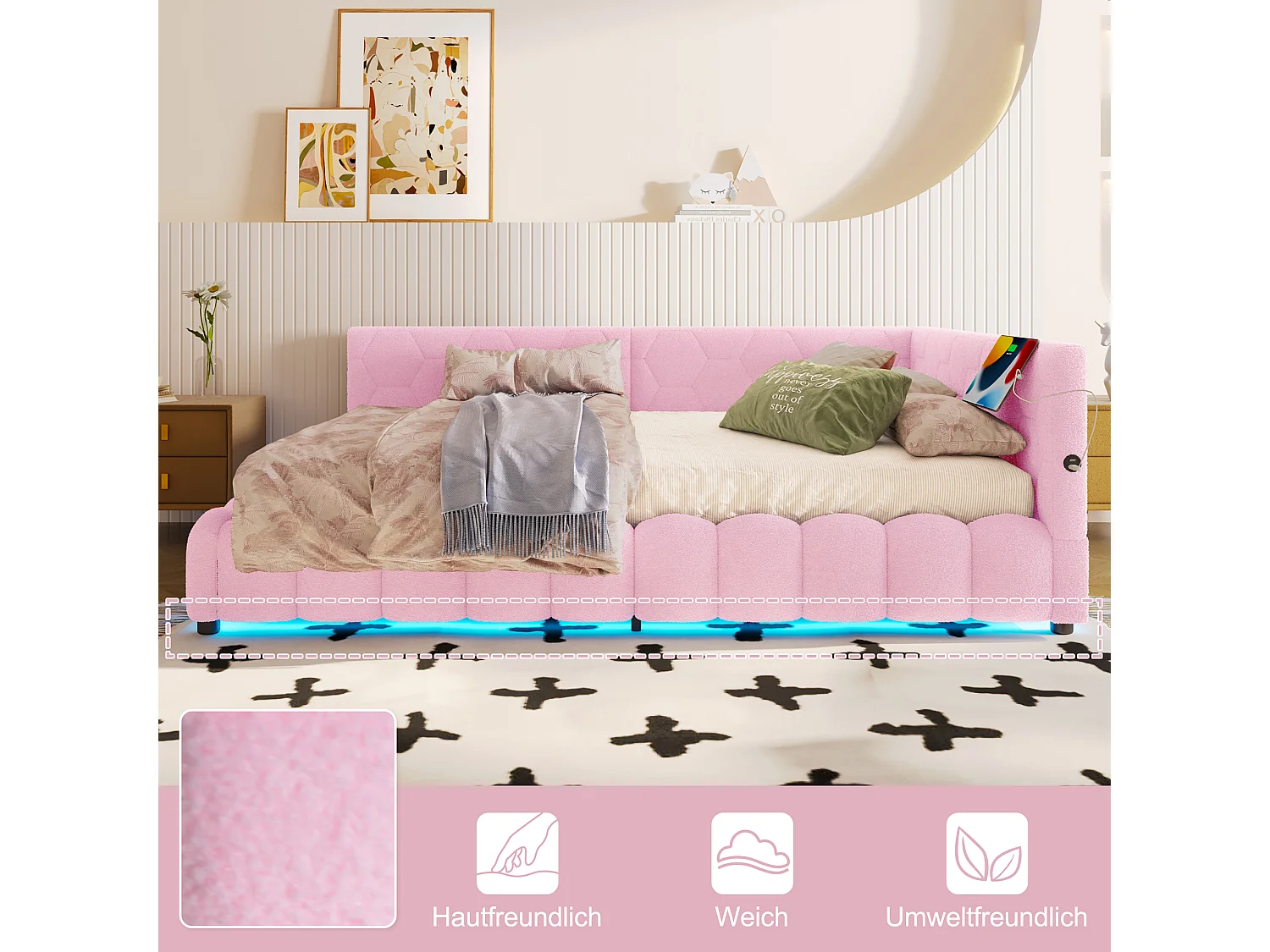 Kinderschlafsofa - 140 x 200 cm - mit LEDs + hydraulischem Stauraum + USB - Samt - rosa