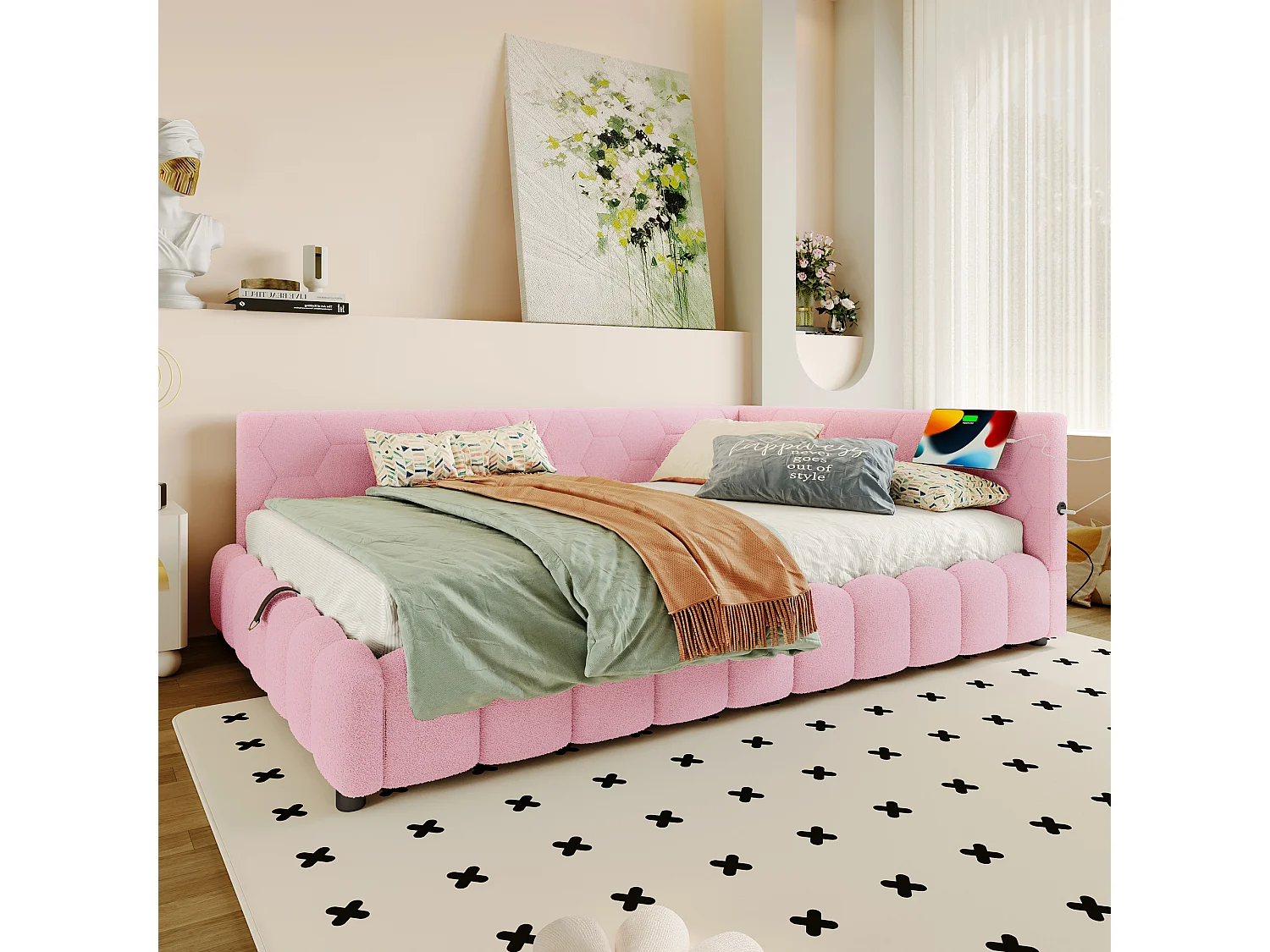 Kinderschlafsofa - 140 x 200 cm - mit LEDs + hydraulischem Stauraum + USB - Samt - rosa