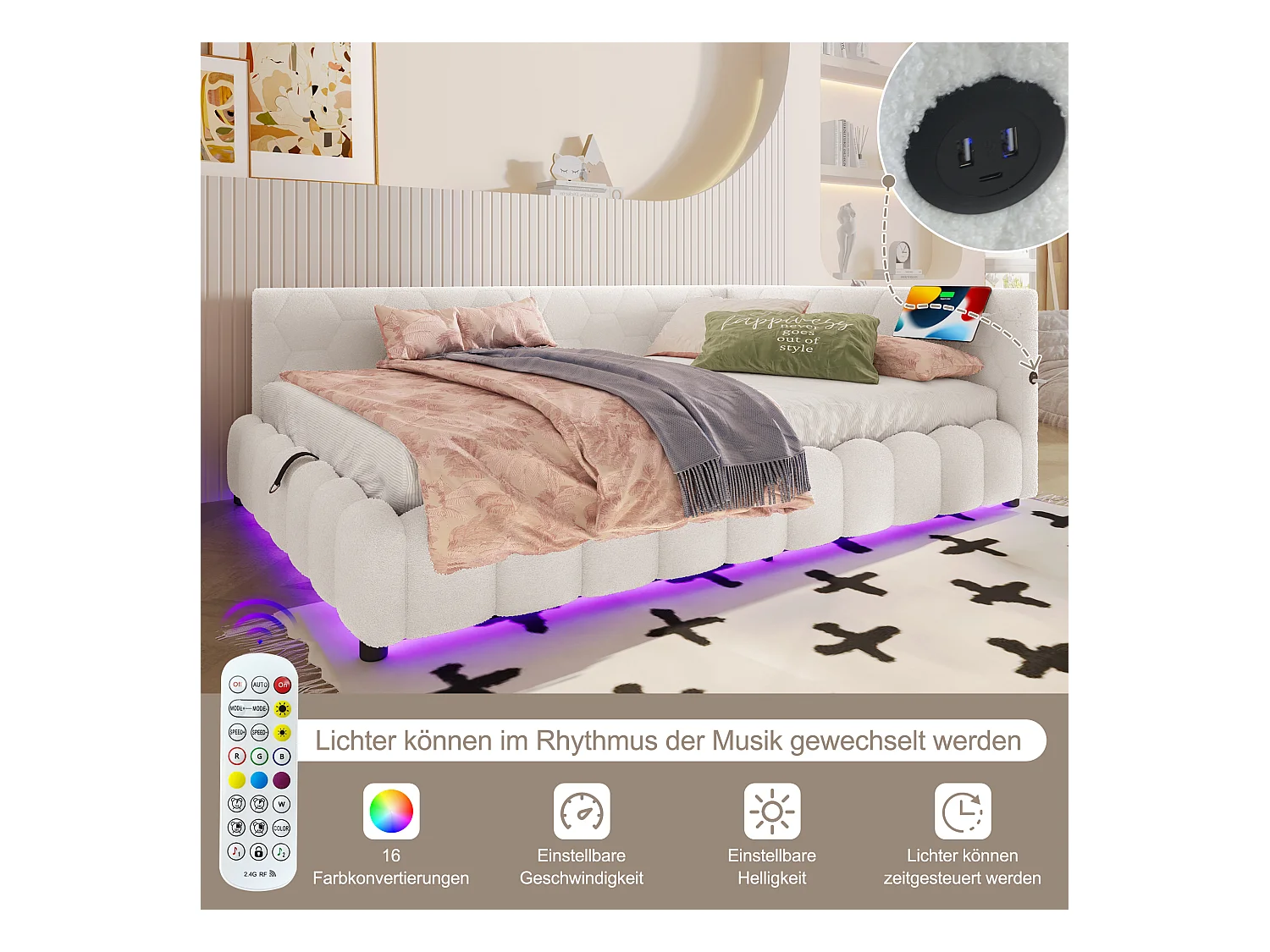 Canapé-lit pour enfant - 140 x 200 cm - avec Leds + rangement hydraulique + USB - velours - blanc