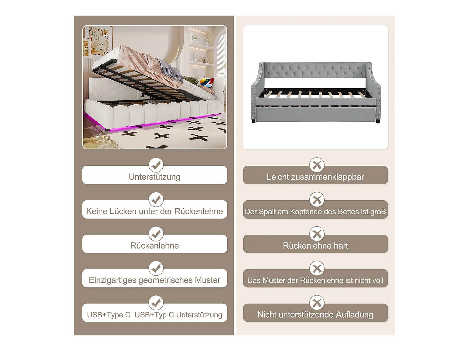Canapé-lit pour enfant - 140 x 200 cm - avec Leds + rangement hydraulique + USB - velours - blanc