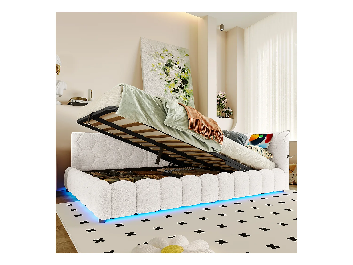 Canapé-lit pour enfant - 140 x 200 cm - avec Leds + rangement hydraulique + USB - velours - blanc