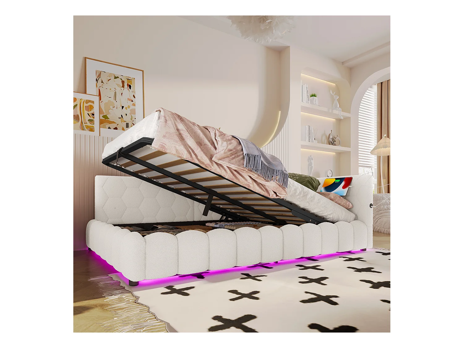 Canapé-lit pour enfant - 140 x 200 cm - avec Leds + rangement hydraulique + USB - velours - blanc