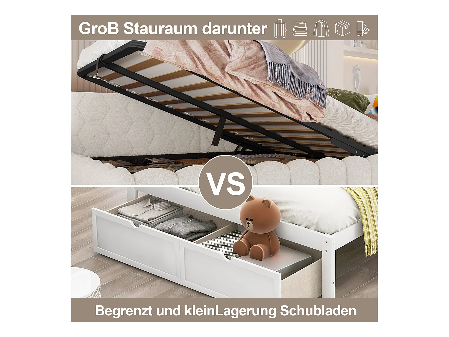 Kinderslaapbank - 140 x 200 cm - met LED's + hydraulische opbergruimte + USB - fluweel - wit