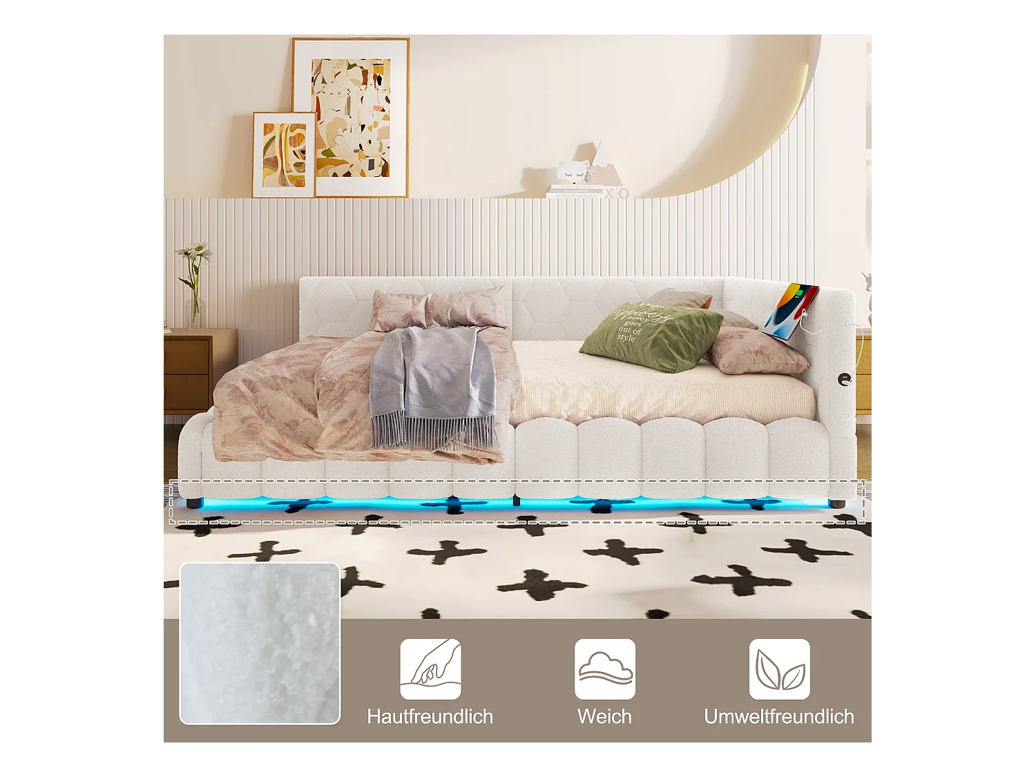 Kinderslaapbank - 140 x 200 cm - met LED's + hydraulische opbergruimte + USB - fluweel - wit