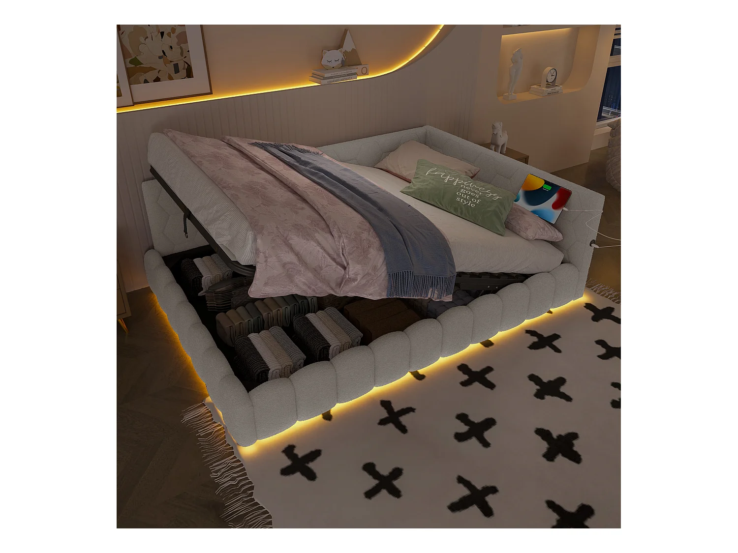 Kinderslaapbank - 140 x 200 cm - met LED's + hydraulische opbergruimte + USB - fluweel - wit