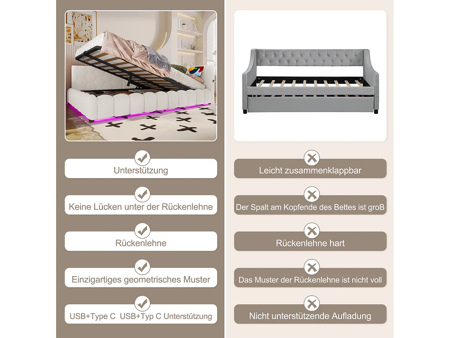 Kinderschlafsofa - 140 x 200 cm - mit LEDs + hydraulischem Stauraum + USB - Samt - weiß