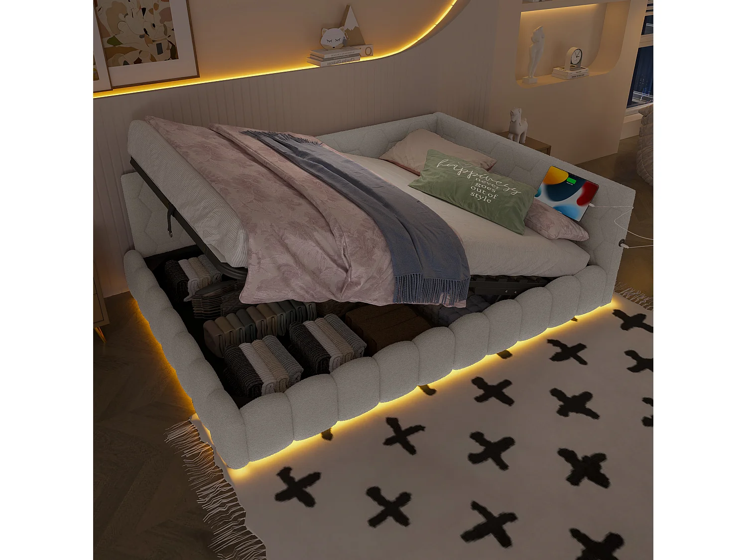 Kinderschlafsofa - 140 x 200 cm - mit LEDs + hydraulischem Stauraum + USB - Samt - weiß