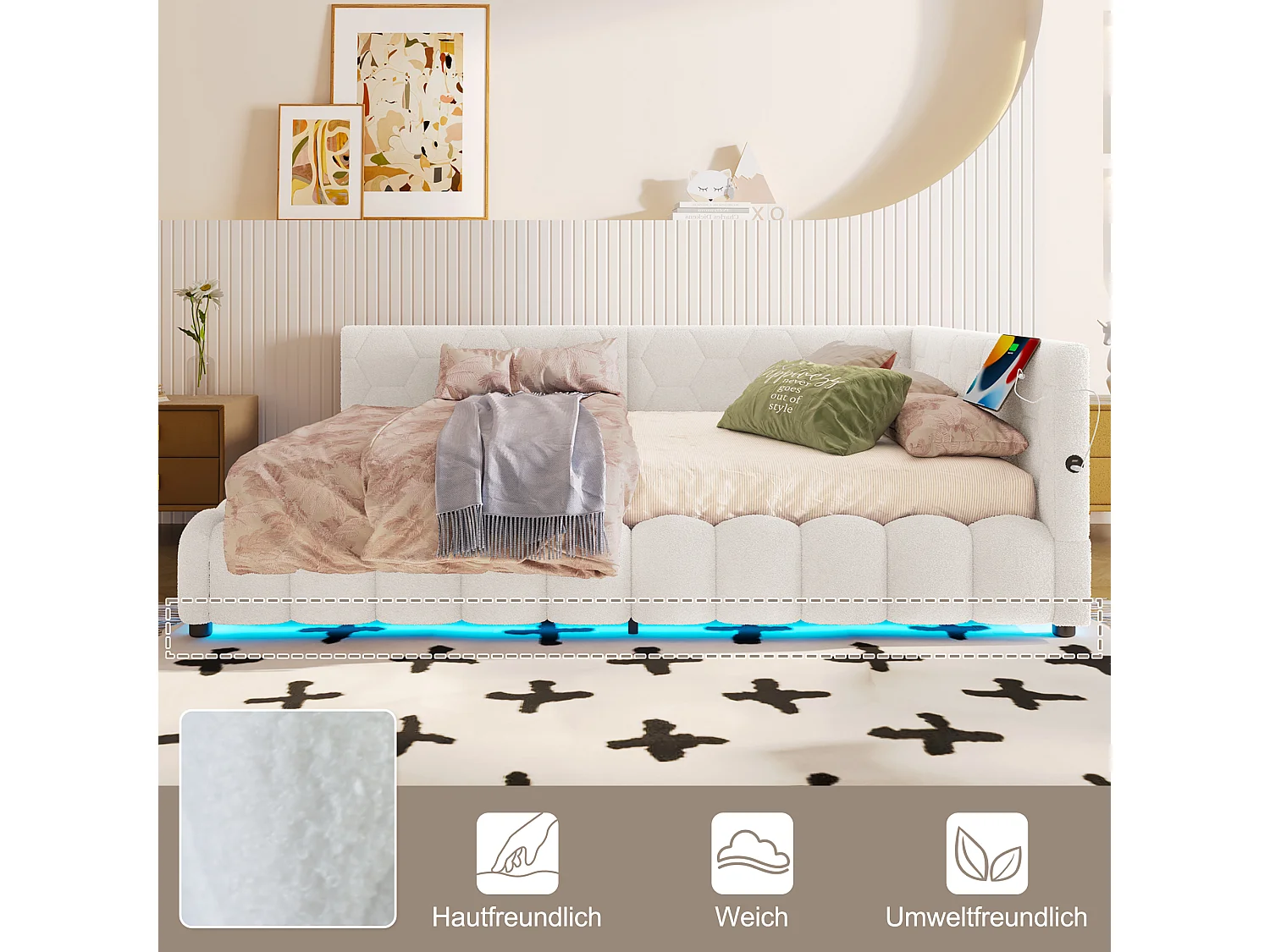 Divano letto per bambini - 140 x 200 cm - con LED + contenitore idraulico + USB - velluto - bianco