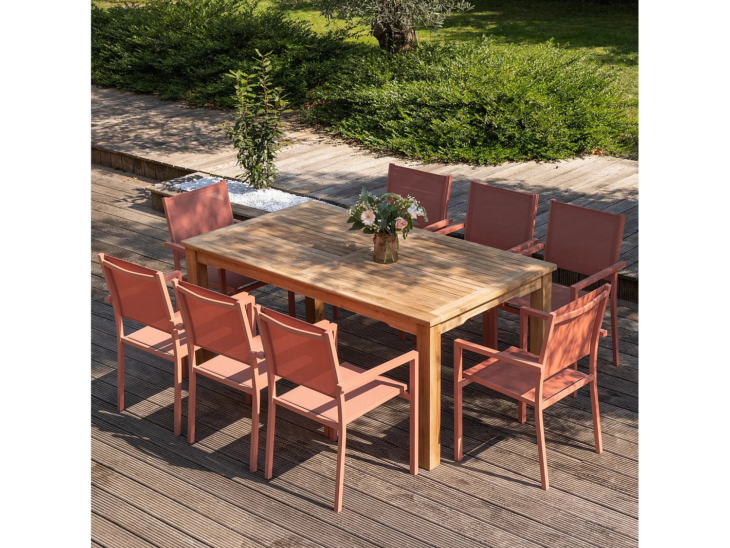 Salon de jardin en teck JAVA avec chaises en aluminium terracotta - 8 places - HAPPY GARDEN