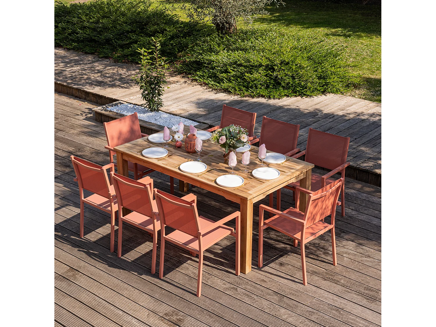 Salon de jardin en teck JAVA avec chaises en aluminium terracotta - 8 places - HAPPY GARDEN