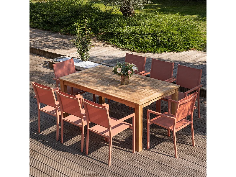 Salon de jardin en teck JAVA avec chaises en aluminium terracotta - 8 places - HAPPY GARDEN