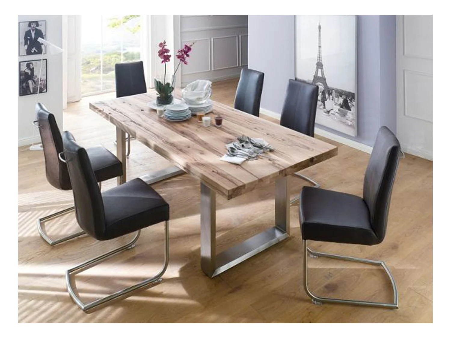 Table à manger en chêne sauvage, laqué mat massif - L.240 x H.76 x P.100 cm