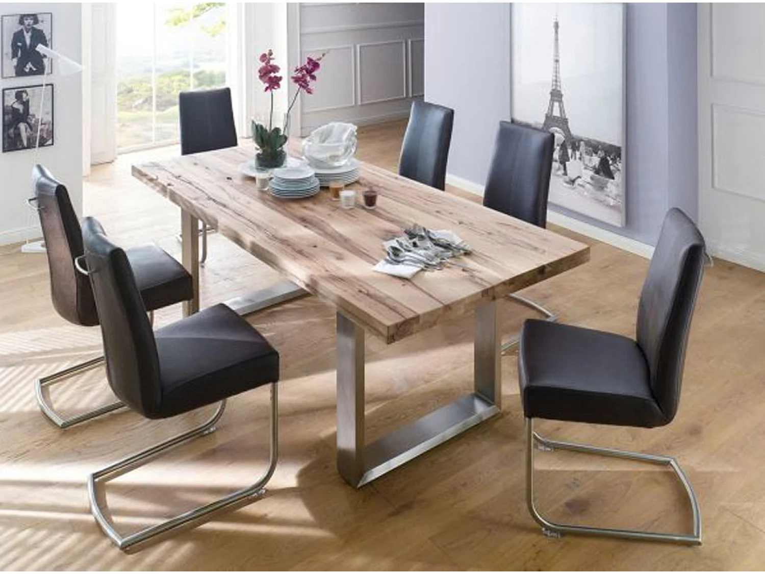 Table à manger en chêne sauvage, laqué mat massif - L.240 x H.76 x P.100 cm