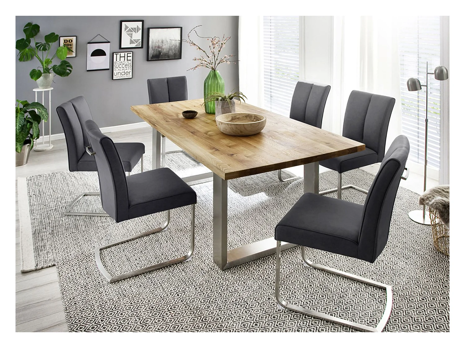 Table à manger en bois massif bord droit, 2 pieds en U - L.180 x H.77 x P.90 cm