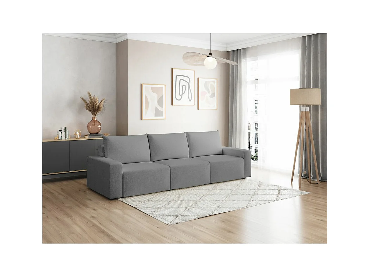 Canapé droit fixe 3 places ROMANE en tissu Easy Clean antitache - Gris