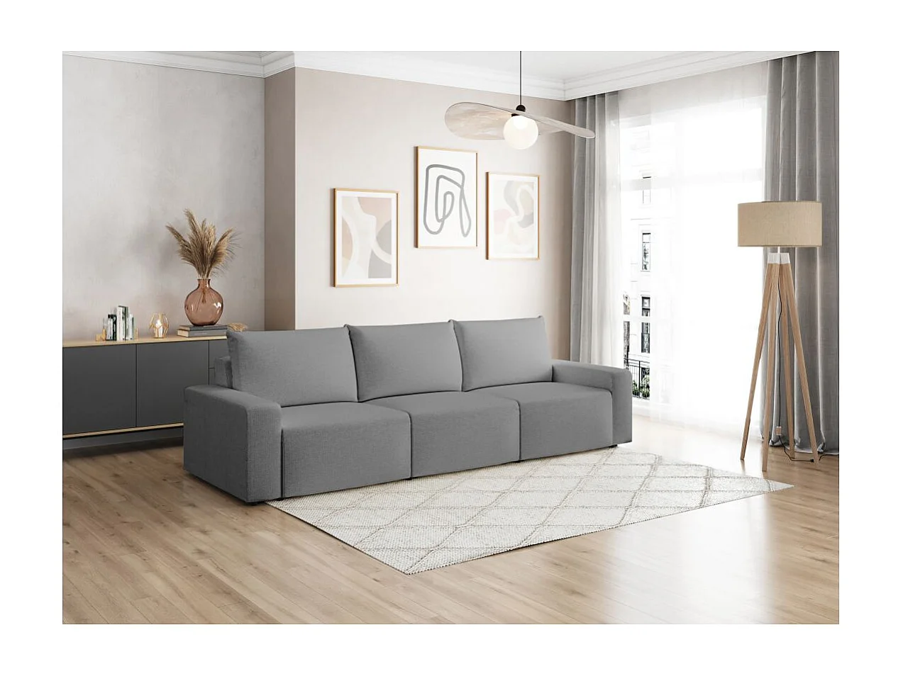 Canapé droit fixe 3 places ROMANE en tissu Easy Clean antitache - Gris