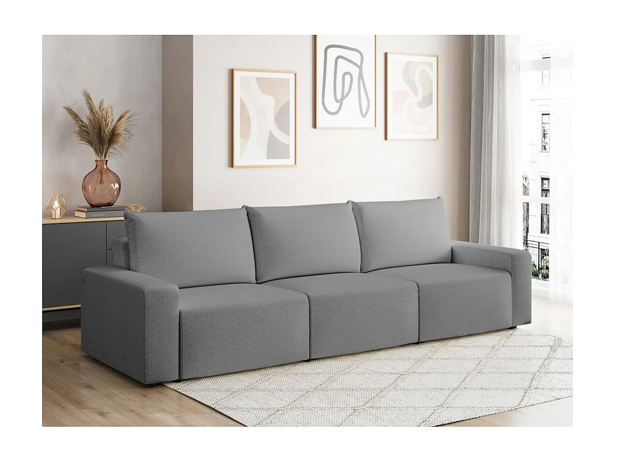 Canapé droit fixe 3 places ROMANE en tissu Easy Clean antitache - Gris