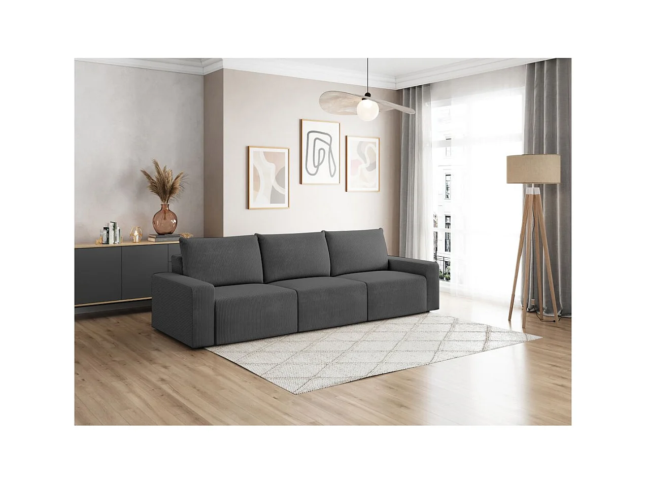 Canapé droit fixe 3 places ROMANE en velours côtelé - Gris