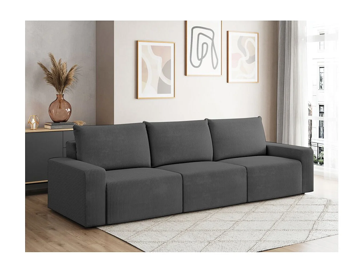 Canapé droit fixe 3 places ROMANE en velours côtelé - Gris