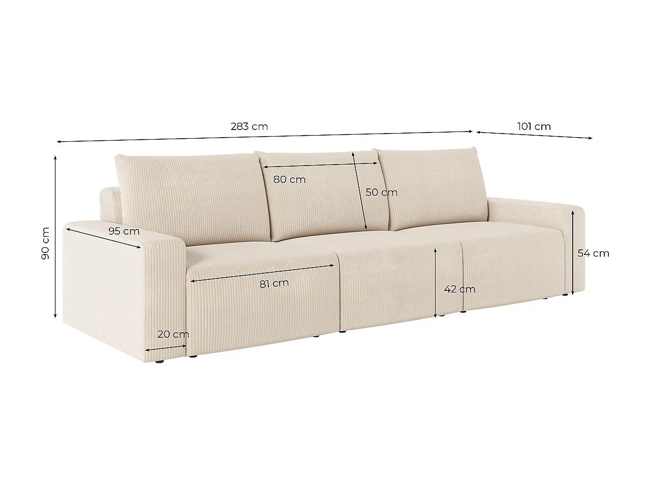 Canapé droit fixe 3 places ROMANE en velours côtelé - Gris