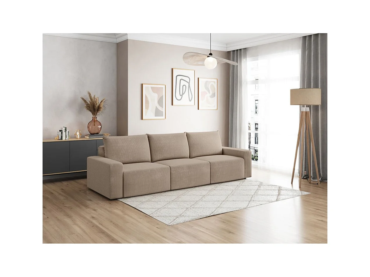Canapé droit fixe 3 places ROMANE en velours côtelé - Taupe