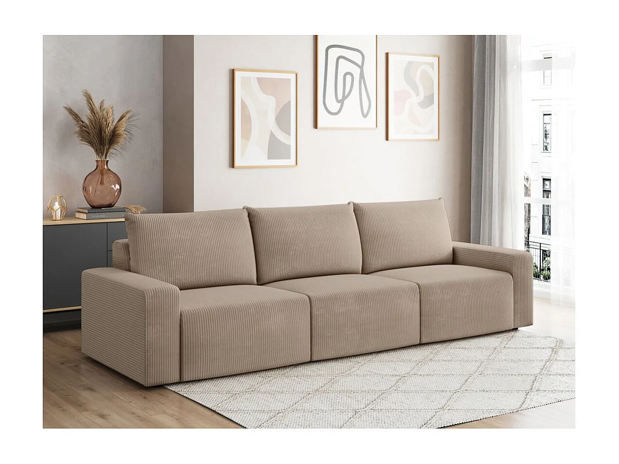 Canapé droit fixe 3 places ROMANE en velours côtelé - Taupe