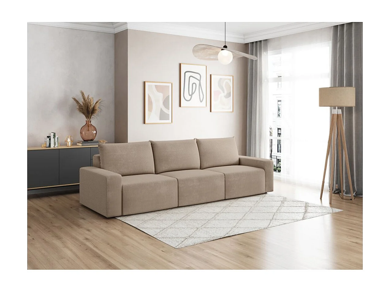 Canapé droit fixe 3 places ROMANE en velours côtelé - Taupe