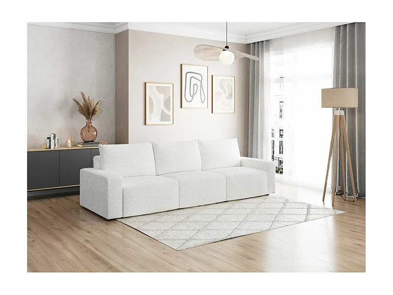 Canapé droit fixe 3 places ROMANE en tissu bouclette - Blanc
