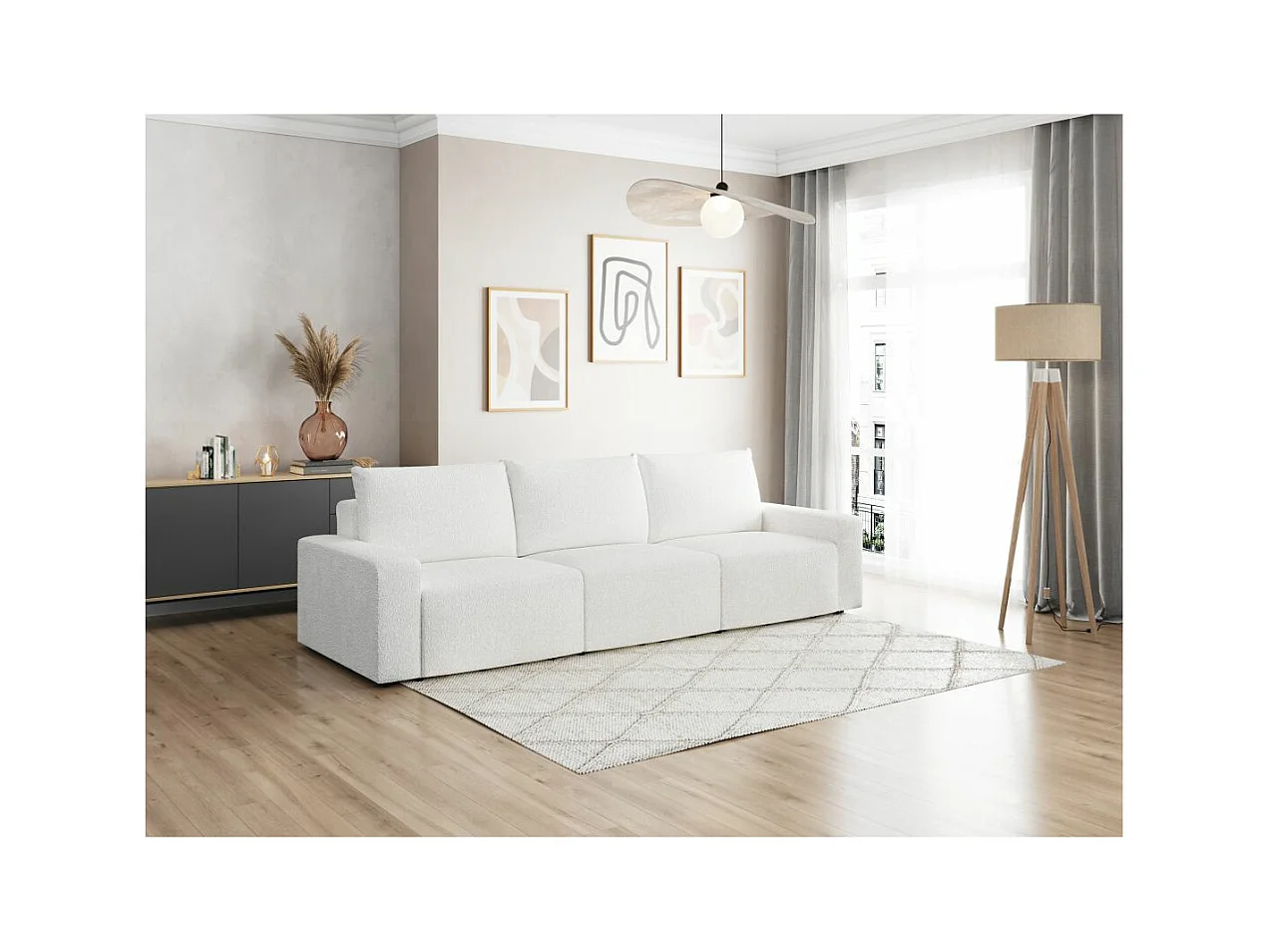 Canapé droit fixe 3 places ROMANE en tissu bouclette - Blanc