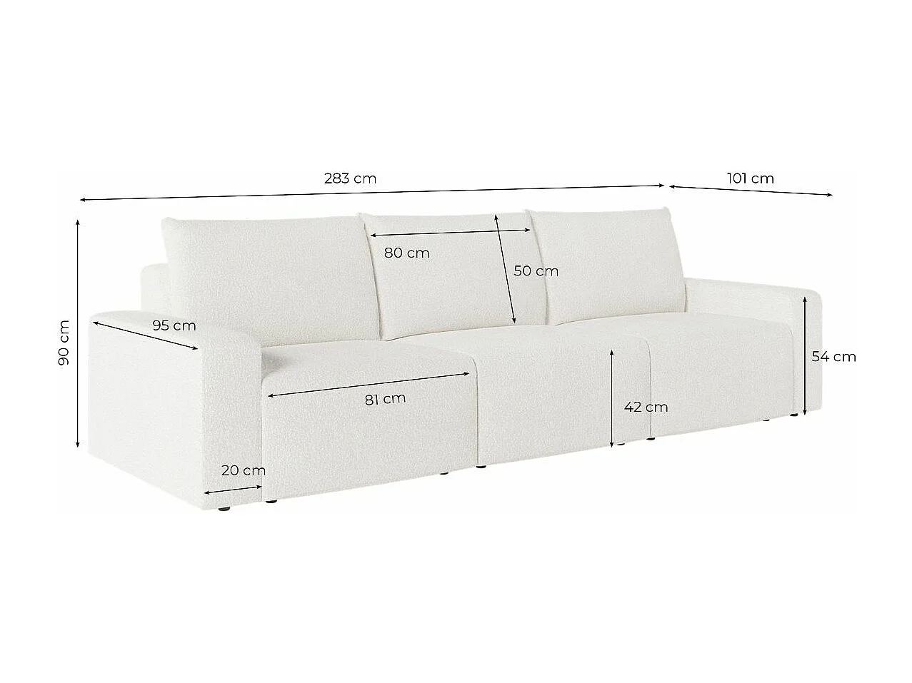 Canapé droit fixe 3 places ROMANE en tissu bouclette - Blanc