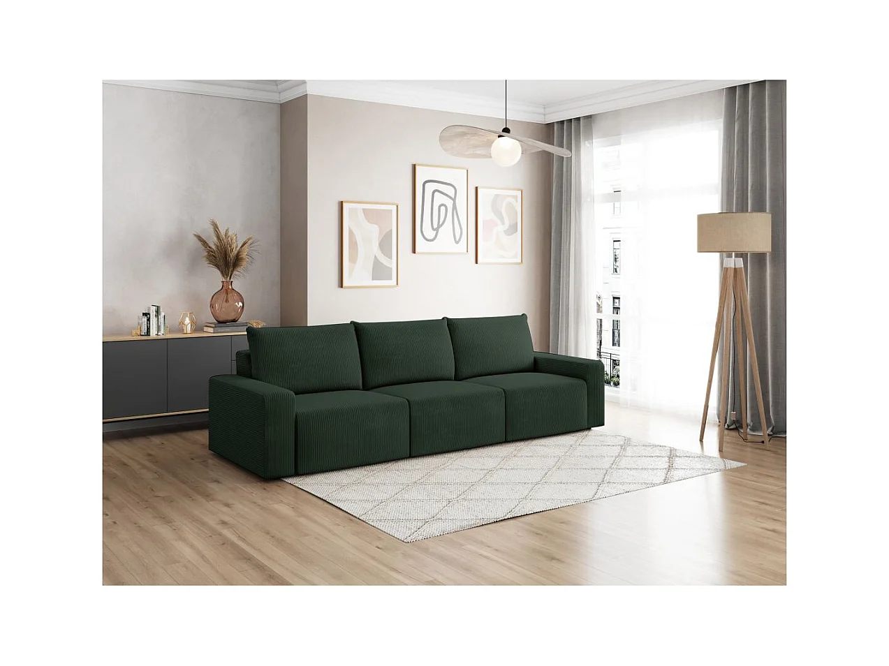Canapé droit fixe 3 places ROMANE en velours côtelé - Vert foncé
