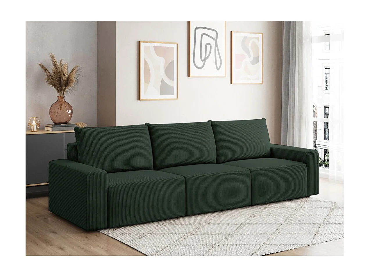Canapé droit fixe 3 places ROMANE en velours côtelé - Vert foncé
