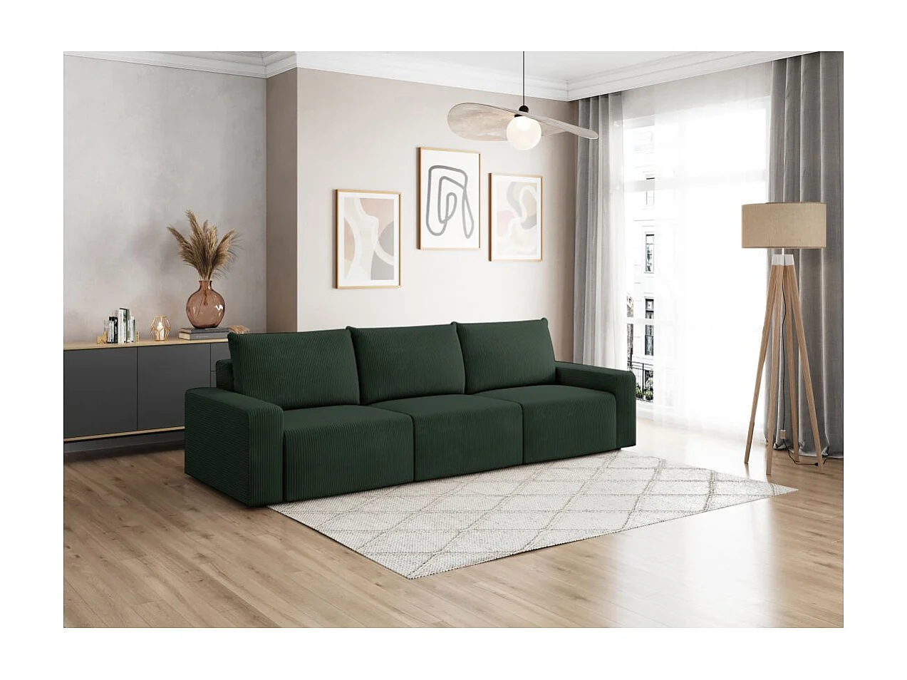 Canapé droit fixe 3 places ROMANE en velours côtelé - Vert foncé