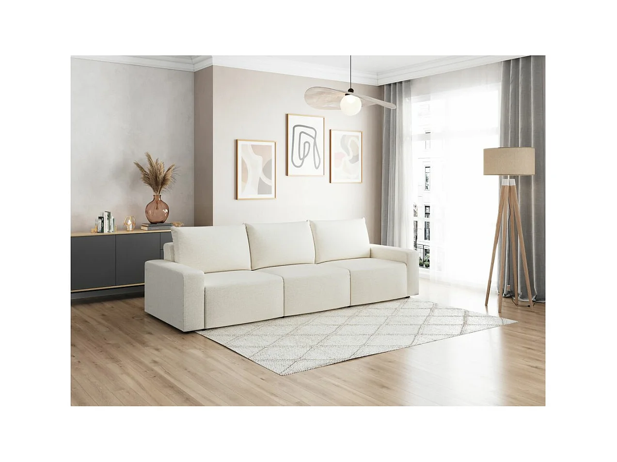 Canapé droit fixe 3 places ROMANE en tissu Easy Clean antitache - Beige