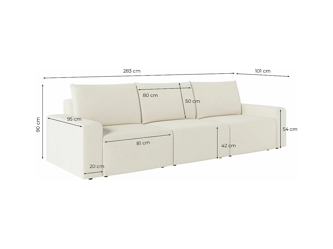 Canapé droit fixe 3 places ROMANE en tissu Easy Clean antitache - Beige