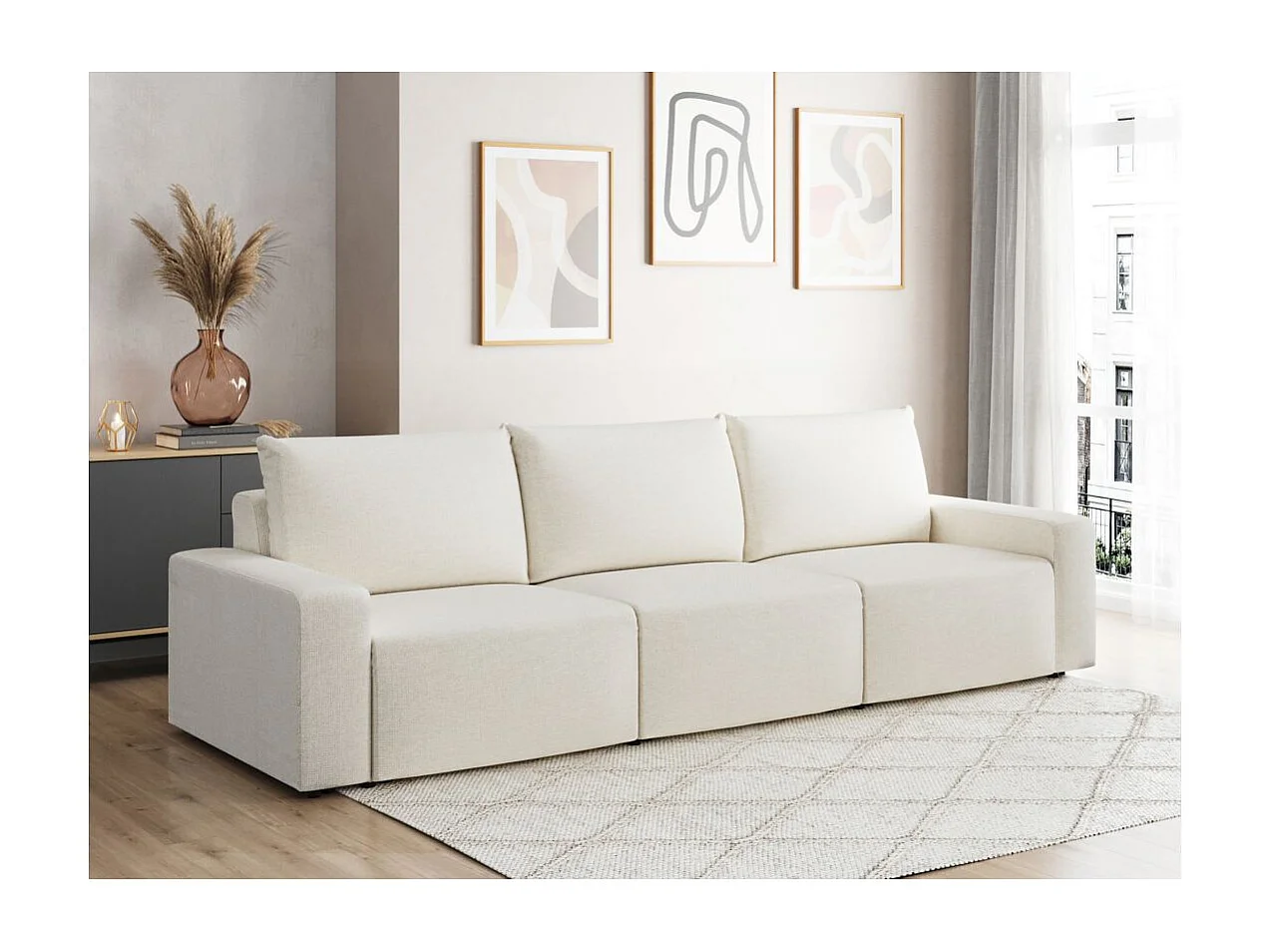 Canapé droit fixe 3 places ROMANE en tissu Easy Clean antitache - Beige