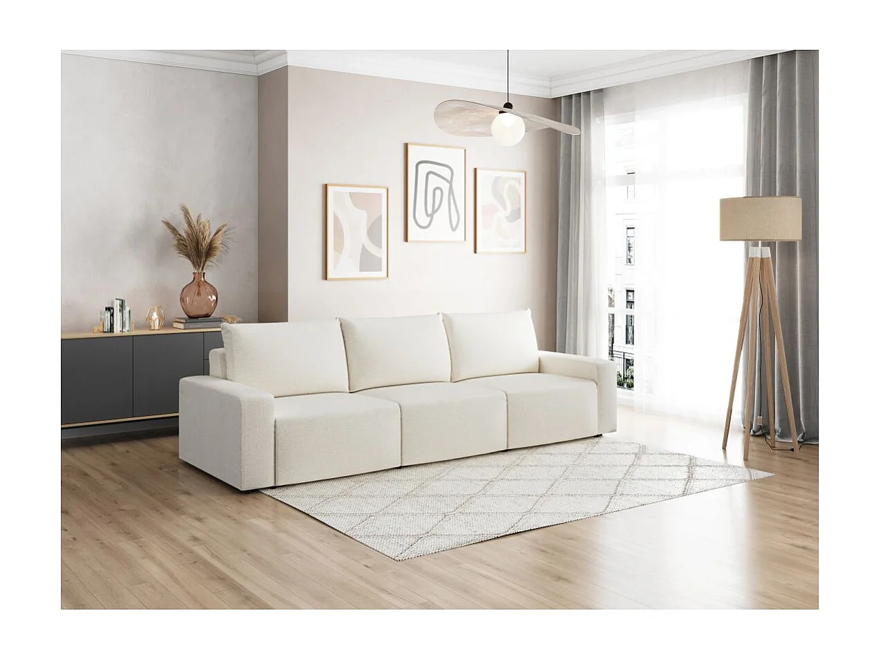 Canapé droit fixe 3 places ROMANE en tissu Easy Clean antitache - Beige