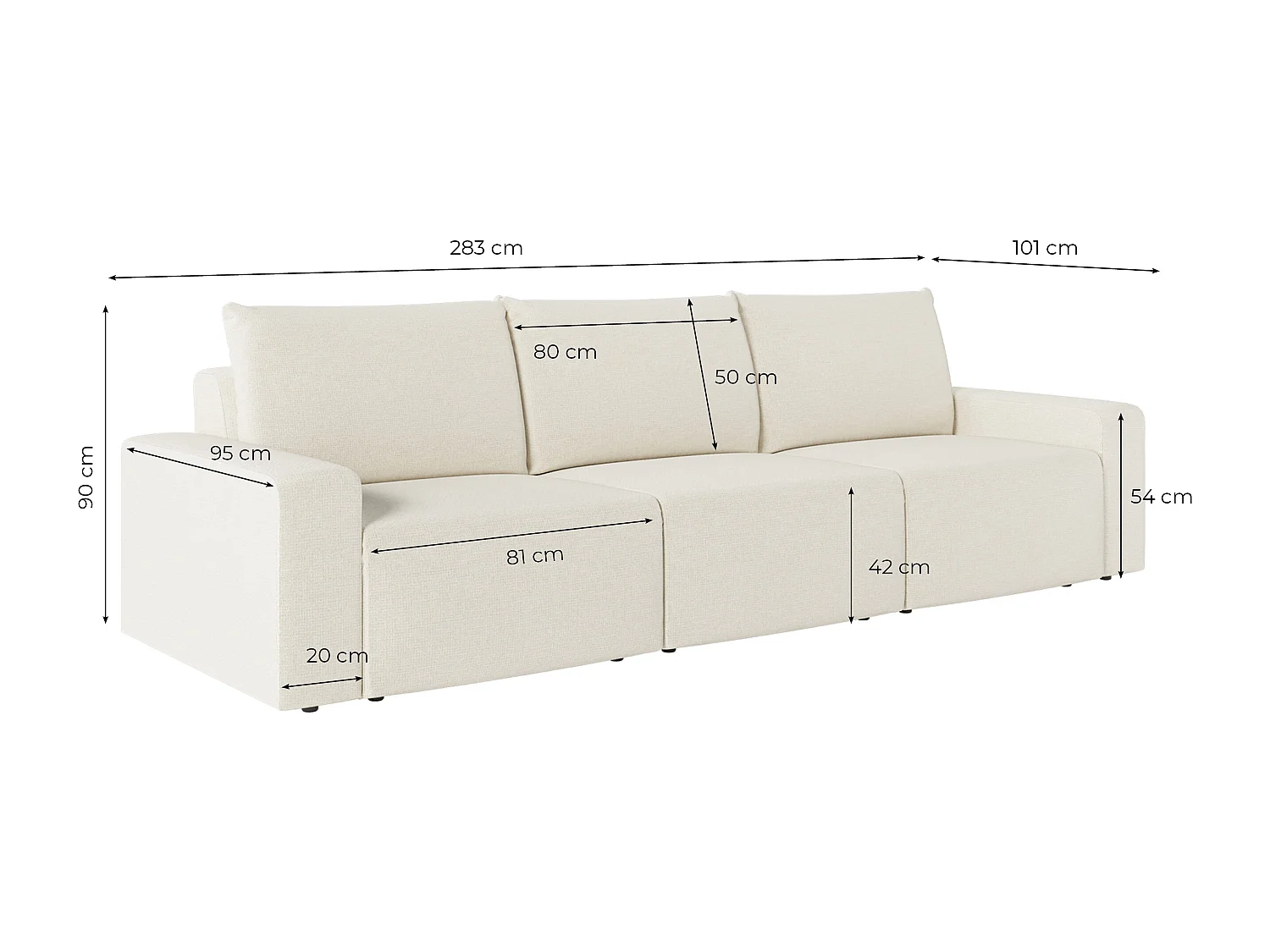 Canapé droit fixe 3 places ROMANE en tissu Easy Clean antitache - Beige