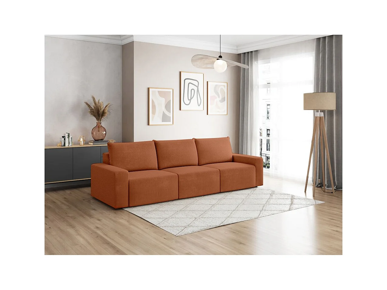 Canapé droit fixe 3 places ROMANE en velours côtelé - Terracotta