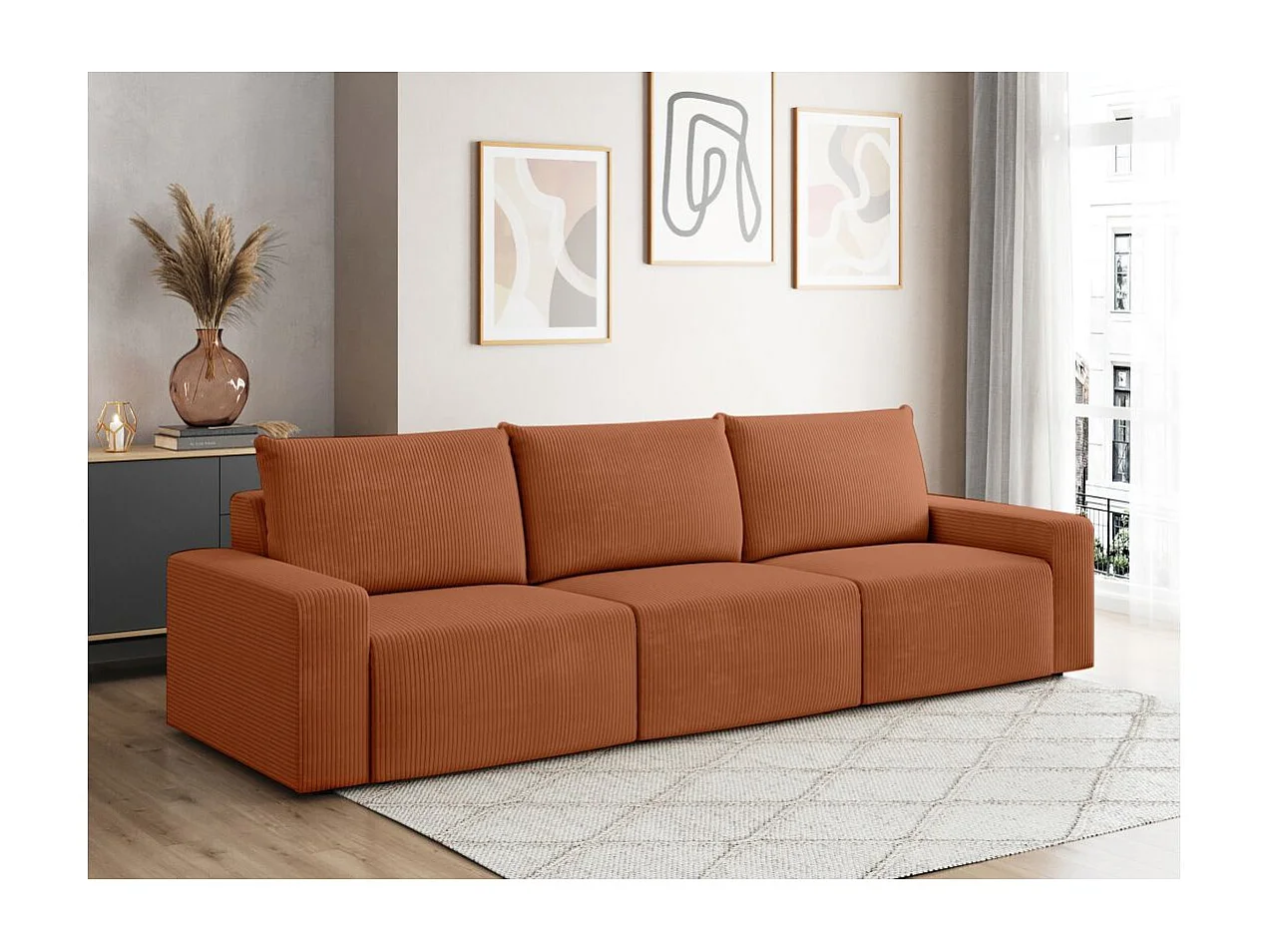 Canapé droit fixe 3 places ROMANE en velours côtelé - Terracotta
