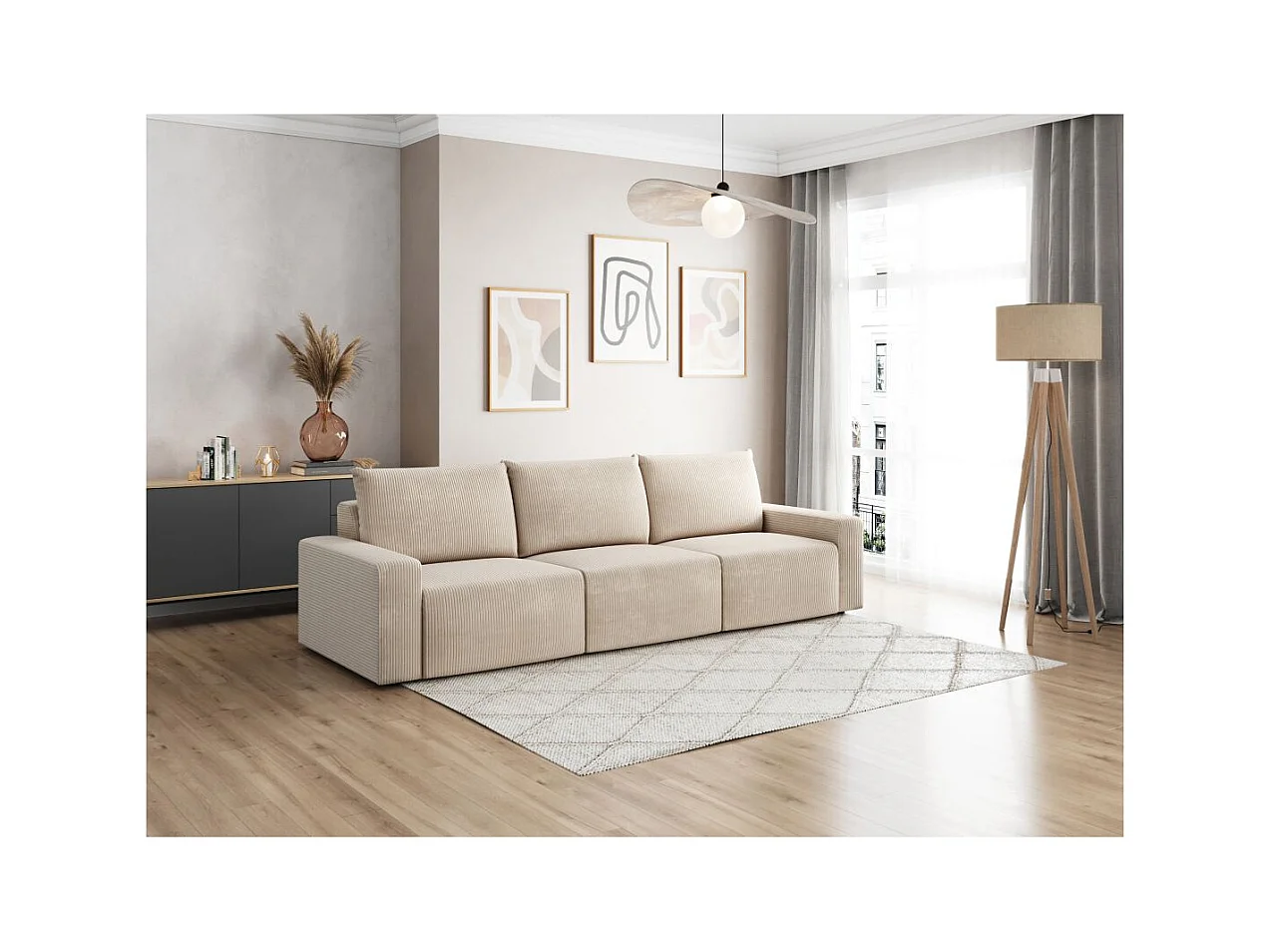 Canapé droit fixe 3 places ROMANE en velours côtelé - Beige
