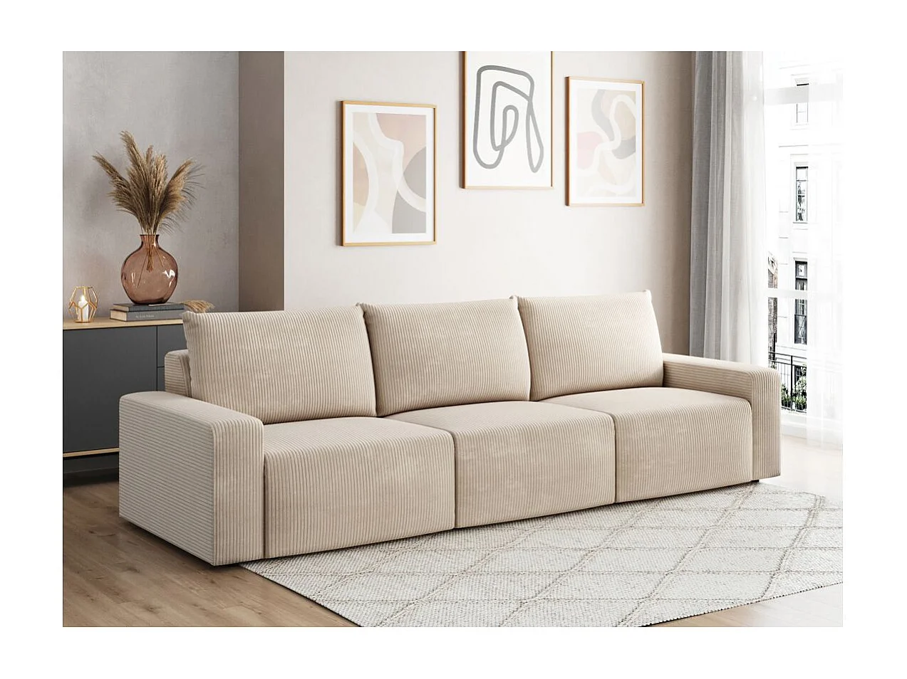 Canapé droit fixe 3 places ROMANE en velours côtelé - Beige
