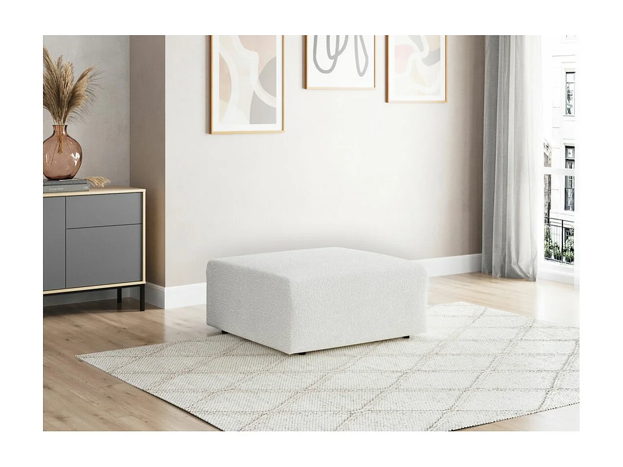 Pouf ROMANE en tissu bouclette - Blanc