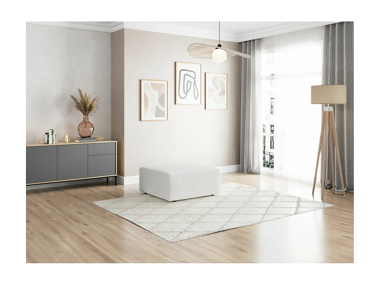 Pouf ROMANE en tissu bouclette - Blanc