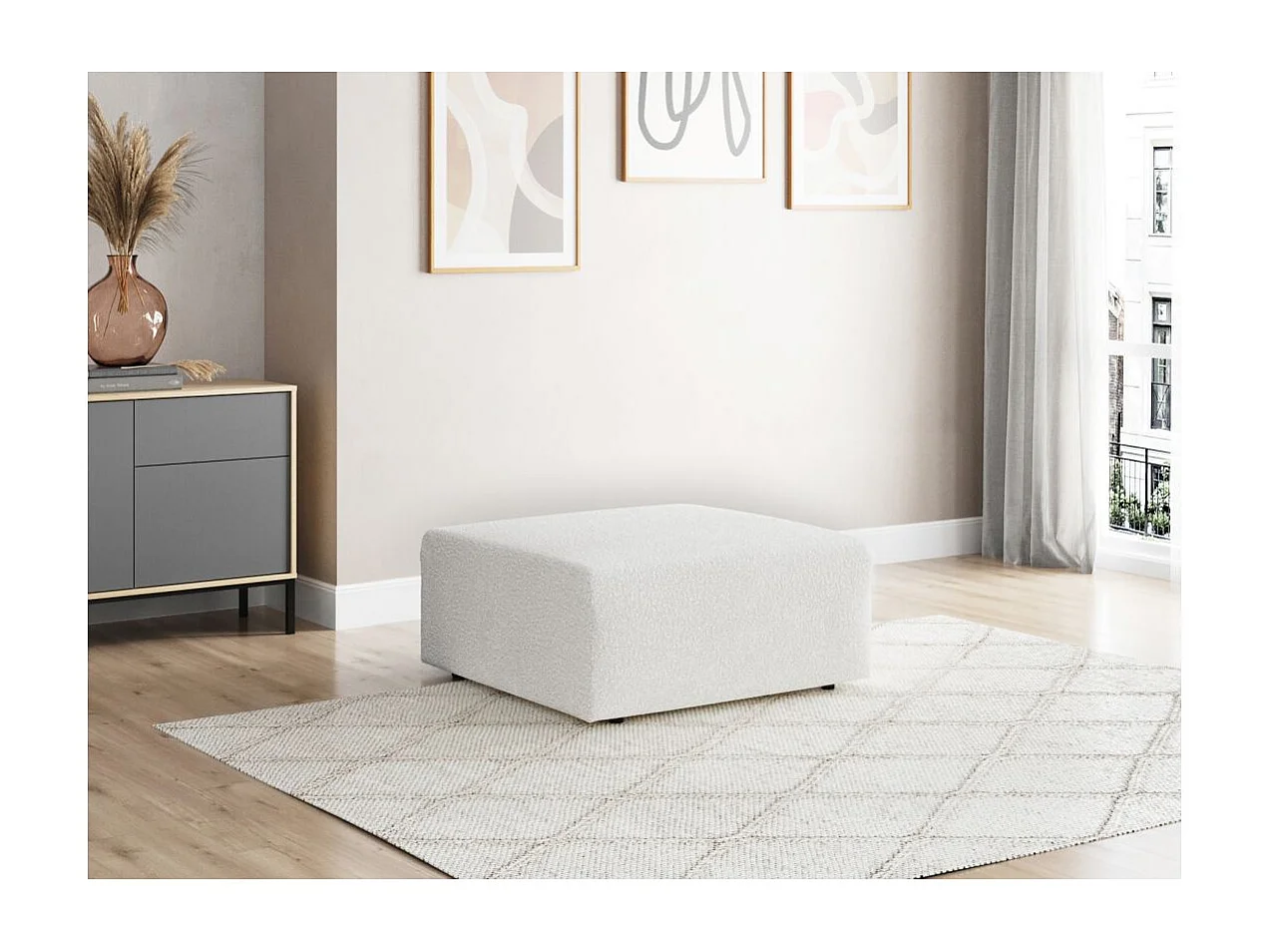 Pouf ROMANE en tissu bouclette - Blanc
